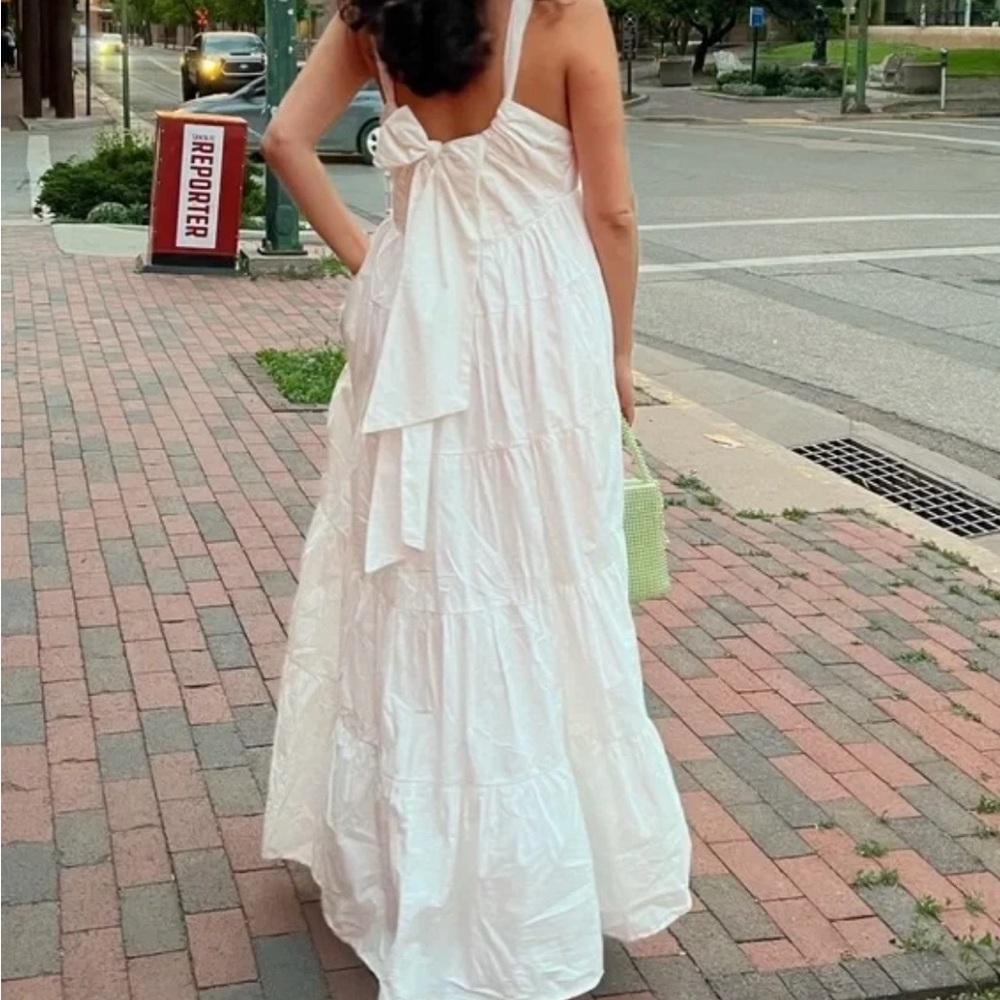 Anthropologie Forever That Girl Tiered Ruched Back Bow Dress NWT White Medium